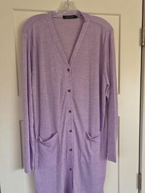 Long Lavender Button-Front Cardigan with Pockets